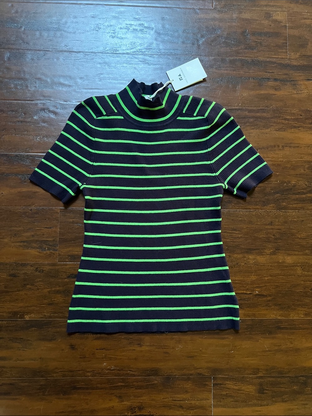 NWT Free Assembly Navy Green Striped Short-Sleeve Mock Neck Sweater Top Size M